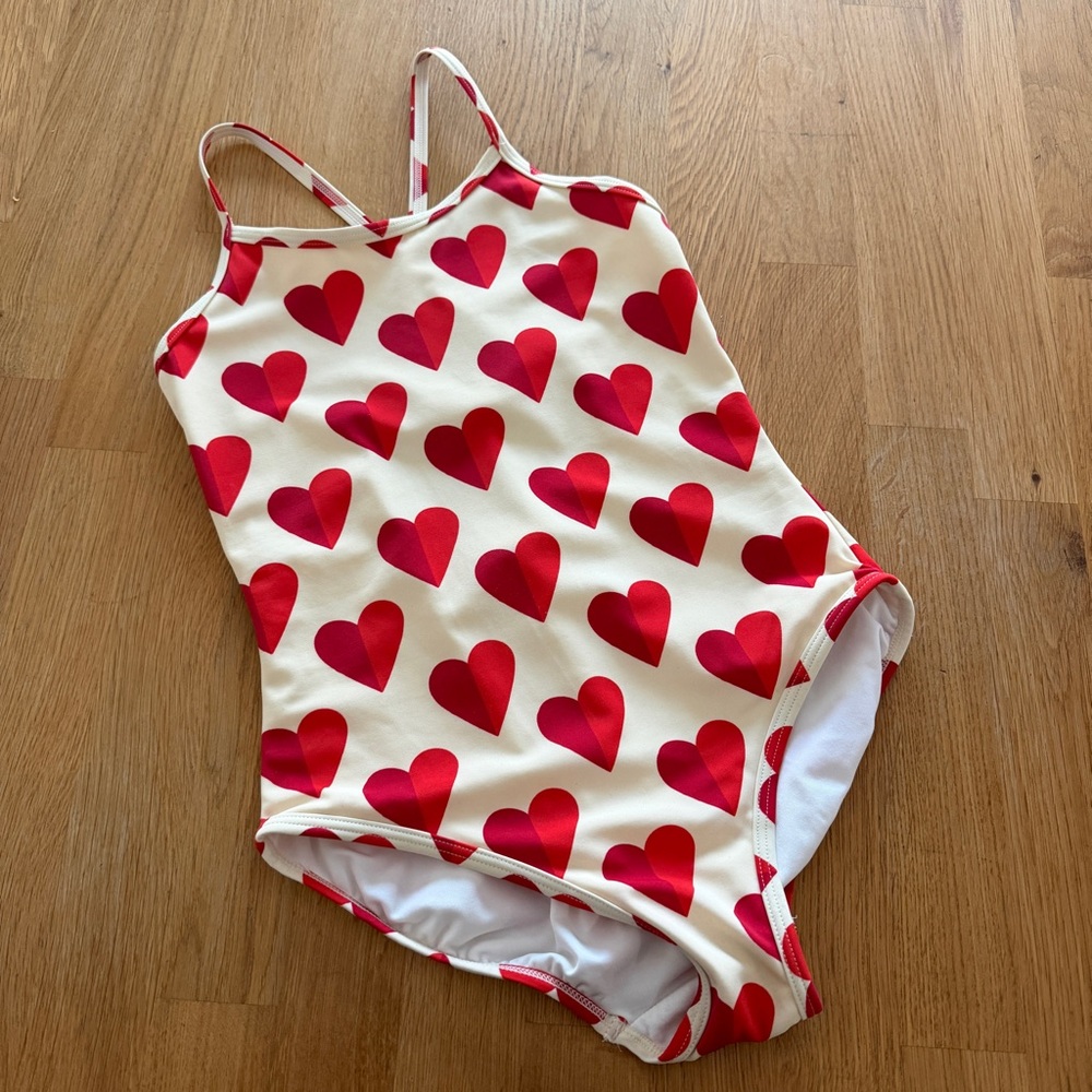 Hanna Andersson Kids 10 Cream Red Hearts One Piece Bathing Suit